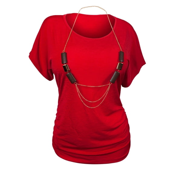 eVogues Plus Size Chain Necklace Accented Scoop Neck Top Red