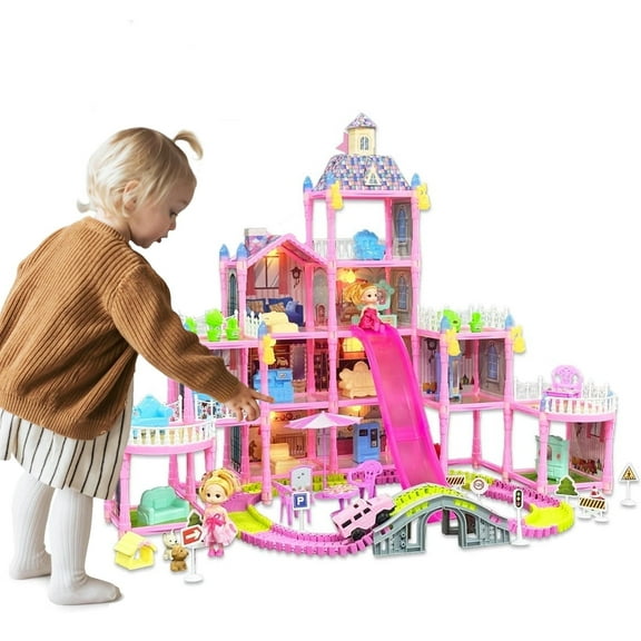 4-Story Play Dollhouse with Doll for Girls, Cuopluber 11 Rooms Play House with Furniture, Doll, Light, Buggy, Car Track, 471Pcs Creative Doll House Playset Gift Toys for Kids Ages 3 