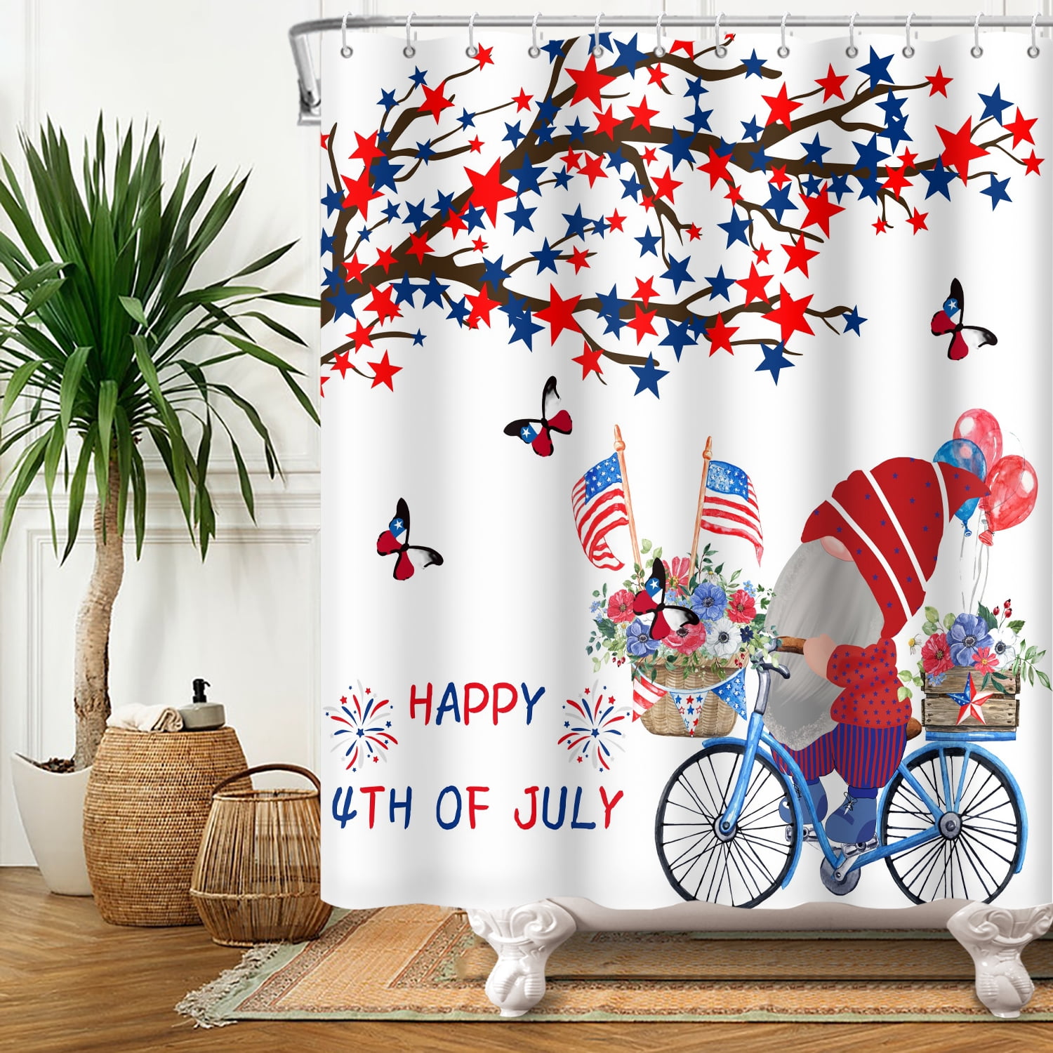 SUNOLIFE 4th of July Shower Curtain,Patriotic Independence Day Gnome Fabric Bathroom Curtain with Hooks,60x72 in