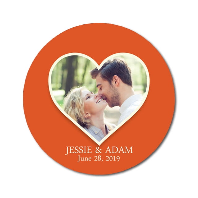 Darling Souvenir Round 45 Pcs Heart Custom Photo Labels Save The Date Stickers Personalized Bride Groom Names And Date Envelope Seals - Orange