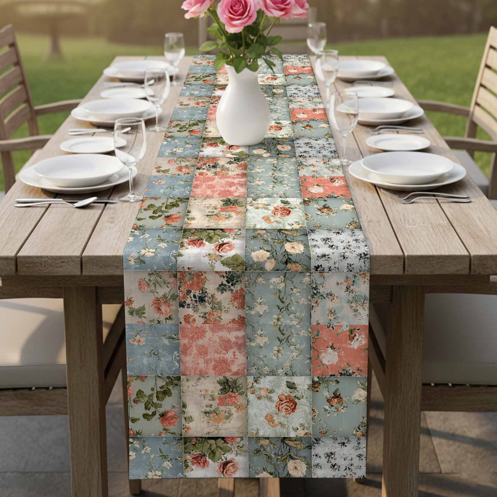 Elegant Spring Floral Cotton Linen Table Runner for Dining Kitchen, Farmhouse Summer Botanical Plaid Wedding Outdoor Party Tablerunners Decoration,Dresser Scarf Coffee Tablecloth Runners 13x90 Inches