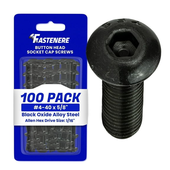 Fastenere Button Head Socket Cap Screws - 4-40 x 5/8" (100-Pcs) Alloy Steel, Fully Threaded, Fine Black Oxide Finish, Corrosion-Resistant, Machine Thread, Easy to Install w/ Allen Hex Drive