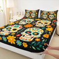 thumbnail image 4 of Homewish Folk Art Sugar Skull Bed Sheets for Women, Retro Boho Daisy Floral Full Size Sheets, 4-Piece, 1 Flat Sheet, 1 Fitted Sheet and 2 Pillowcases, 4 of 5