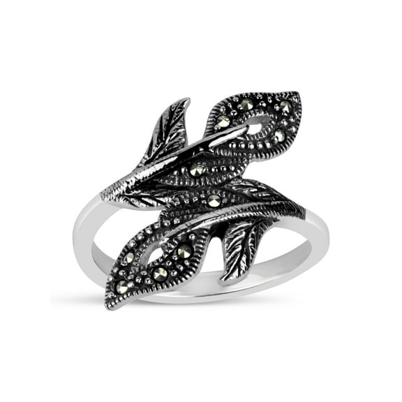 0.15 ct Marcasite Oxidized Leaf Bypass Ring in Sterling Silver