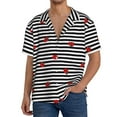thumbnail image 3 of Easygdp Ladybugs on Black and White Striped Men's Casual Short-sleeved Shirt with Pocket and Button Suitable for Beach Vacation Leisure - Large, 3 of 7