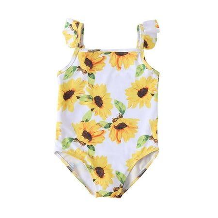 

Clearance!Lovskoo One Piece Swimsuit for Girls Ruffle Sleeve Toddler Baby Sleeveless Floral Print Solid Color Swimwear 2-7 Years White