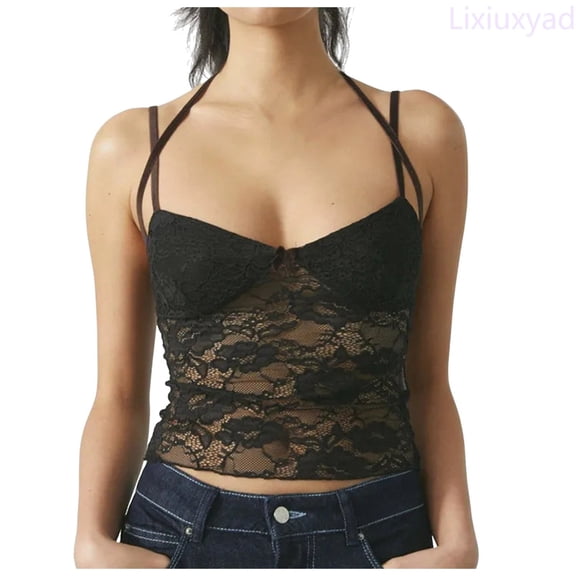 Lixiuxyad Tank Tops With Built In Bras Women Lace Trim Top LowCut Spaghetti Strap Camisoles Square Neck Backless Crop Tops Going Out Tank Top,Black
