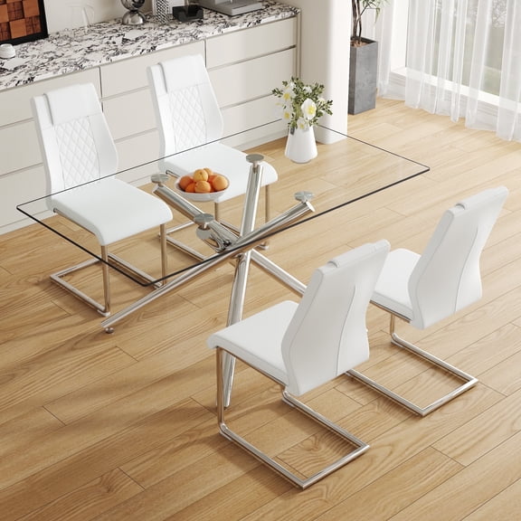 LUFTUT 63" L Glass Dining Table Set for 4, Modern Rectangular Tempered Glass Table, X-Base Silver Chrome Legs, 4 White PU Leather Chairs for Dining Room
