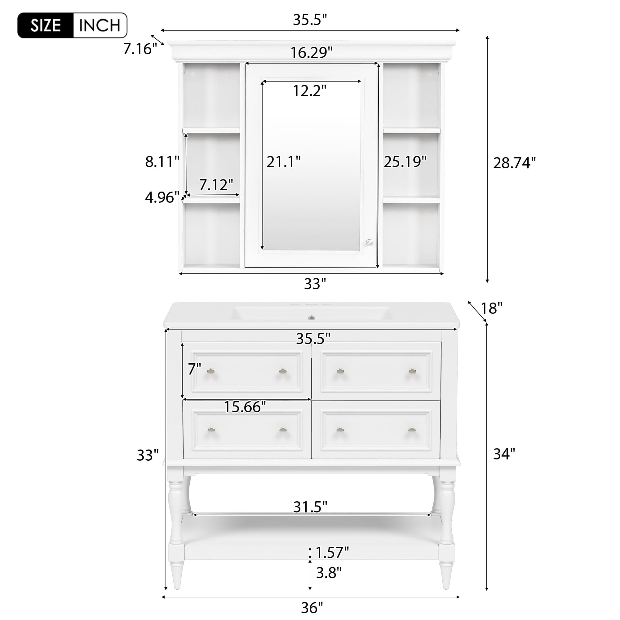 Harper & Bright Designs 36" Bathroom Vanity Sink Combo, Bathroom Mirror Cabinet with Adjustable Shelf, Bathroom storage Cabinet with Drawers, White