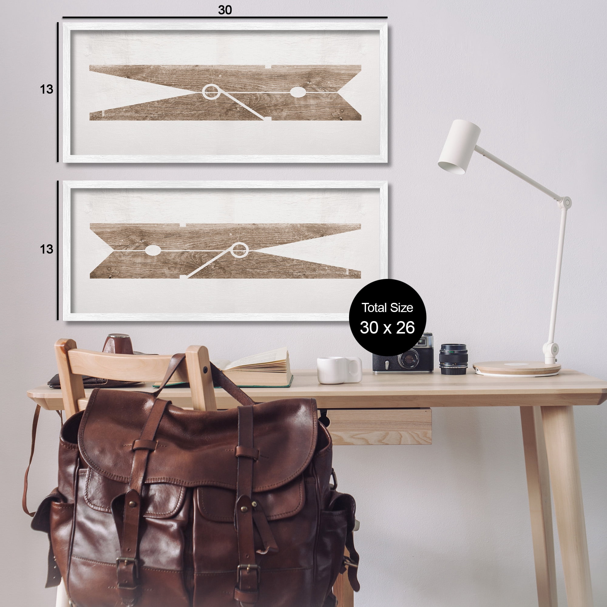 Stupell Industries Minimal Laundry Clothespins Abstract Painting White Framed Art Print Wall Art, 30 x 13, Set of 2