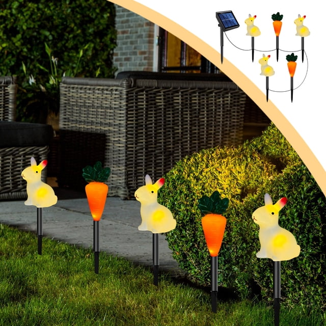 Solar Powered Easter Bunny Garden Lights Outdoor Decorations with LED String Lights Waterproof Holiday Yard Patio Lawn Solar Lights for Easter Spring Party Decoration Solar Garden Stake Lights