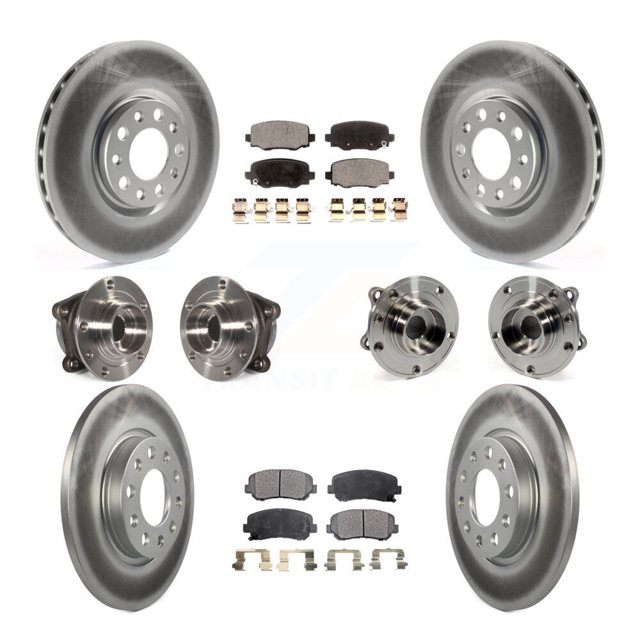 Transit Auto Front Rear Hub Bearings Assembly Coated Disc Brake Rotors and Semi-Metallic Pads Kit (10Pc) for Car 2015-2017 Chrysler 200 AWD with 305mm Diameter Rotor - Left Right Side KBB-111683