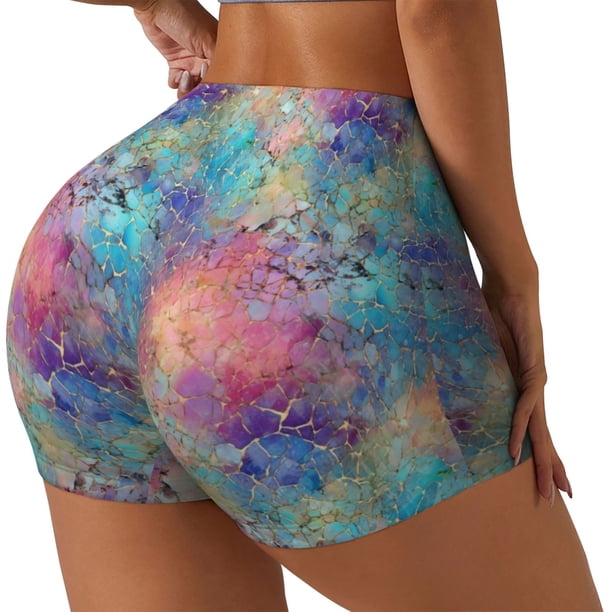 Fotbe blue pink colorful cracked texture Shorts Sin Costuras – Shorts Deportivos de Cintura Alta para Mujer, Elásticos para Gimnasio, Yoga, Running o Ciclismo-Medium