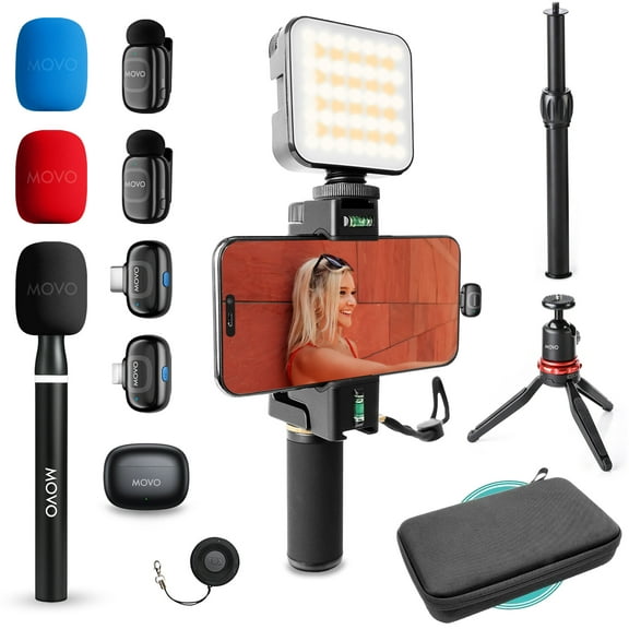 Movo iVlogger-PRO Wireless Vlogging Kit for iPhone/Android - YouTube Starter Kit with Wireless Microphone and LED Light for Content Creators