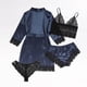 thumbnail image 5 of Lencería para Mujer Encaje Satén Sujetador Inalámbrico Camisola Pantalones Cortos Pijama Bata Conjunto De Cuatro Piezas Lencería Sexy Body Lencería De Talla Grande,Navy,2XL, 5 of 8