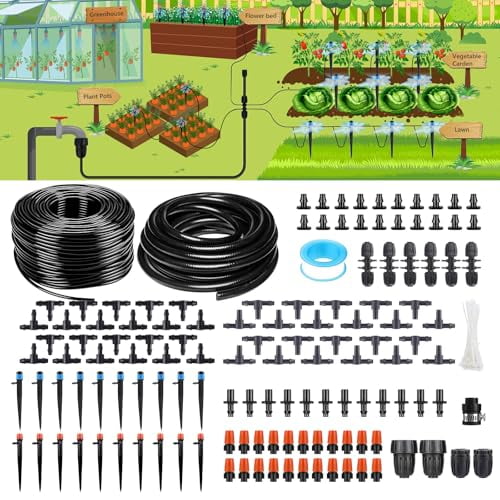 240FT Drip Irrigation System Kit, Drip Irrigation System for Garden with 1/4" Irrigation Tubing DIY Saving Water Automatic Watering System for Greenhouse, Yard, Lawn, Plant