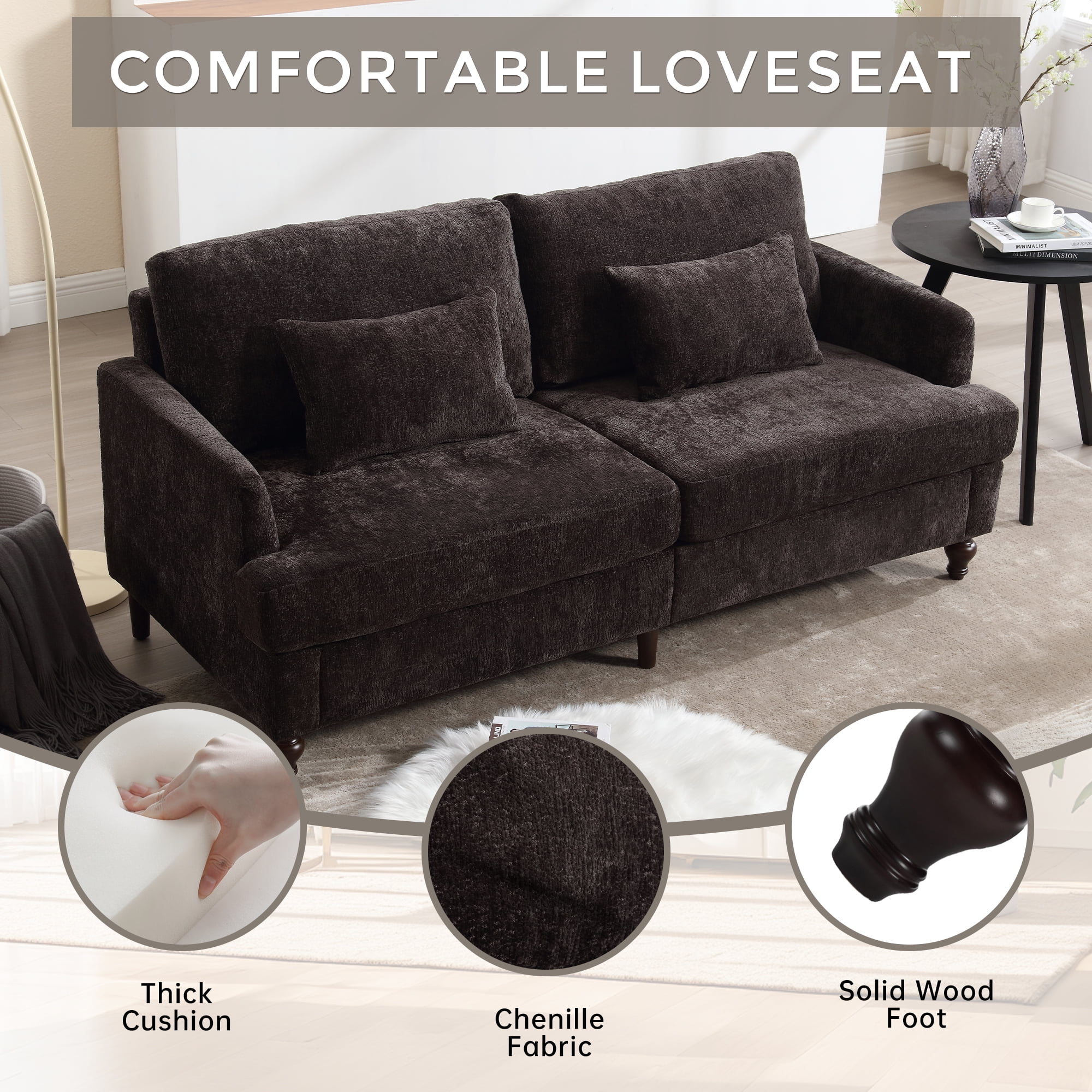 MAYEERTY Mid Century Modern chenille Fabric Loveseat sofa, 2-Seat Upholstered Loveseat Sofa Modern Couch for Living Room,Brown wood feet sofa for Bedroom, Reading (Black Chenille)