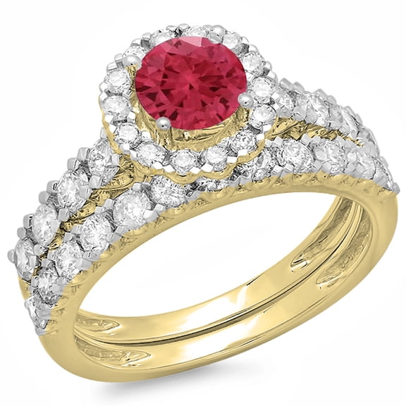 Dazzlingrock Collection 14K Round Ruby & White Diamond Bridal Halo Style Engagement Ring Band Set, Yellow Gold, Size 5.5