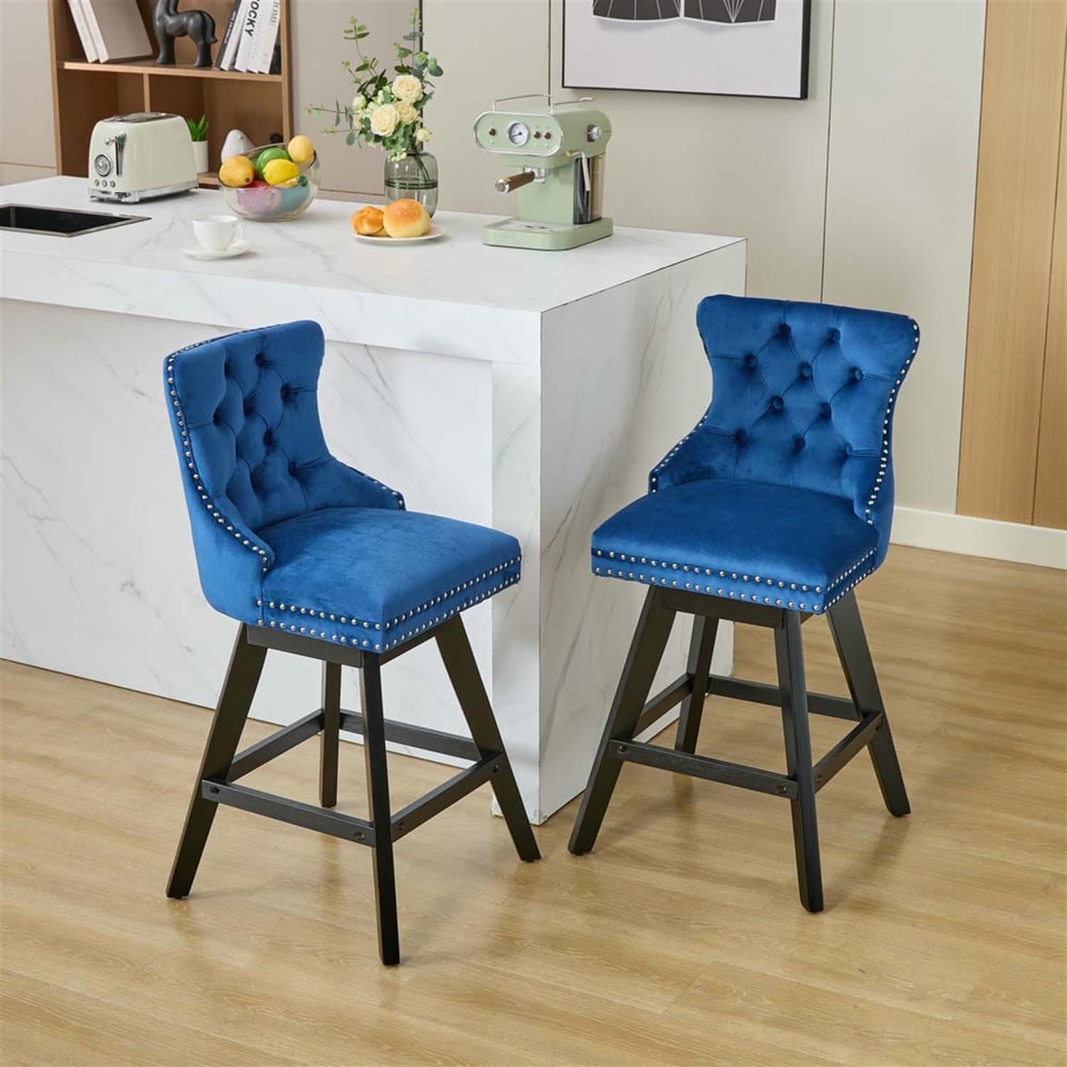 Demi Bonn 38" Counter Height Bar Stools Set of 2, Velvet Swivel Barstools with Button Tufted Back, Kitchen Island Countertop Chairs for Dining Room, Blue