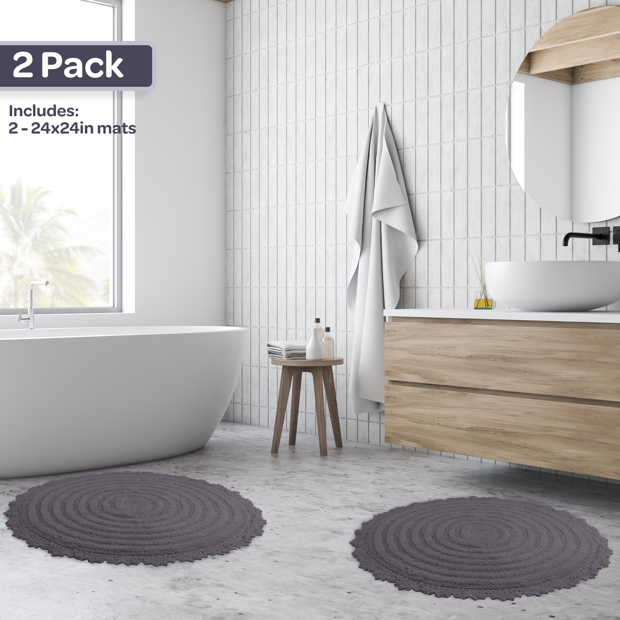 Lavish Home Bathroom Rugs - 2-Piece Woven Cotton Bath Mat Set (Charcoal)