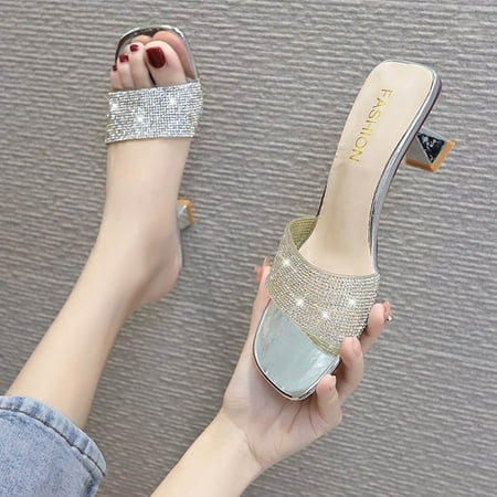 

〖Yilirongyumm〗 Silver 38 Sandals Women Slippers Size Heel Fashion Summer Ladies High Rhinestone Big Toe Women s Sandals