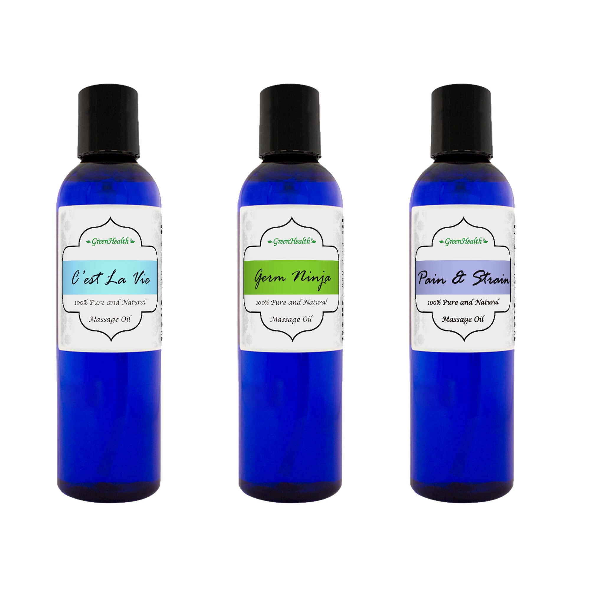 GreenHealth - Massage Essential Oil - 100% Pure Essential Oil Blends - 4 fl oz - Set of 3 (Germ Ninja, C'est La Vie, & Pain & Strain)