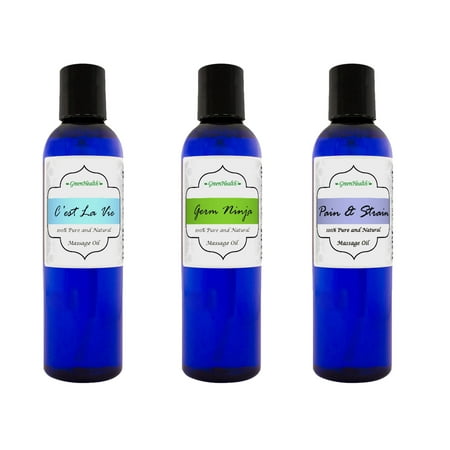 GreenHealth - Massage Essential Oil - 100% Pure Essential Oil Blends - 4 fl oz - Set of 3 (Germ Ninja, C'est La Vie, & Pain & Strain)