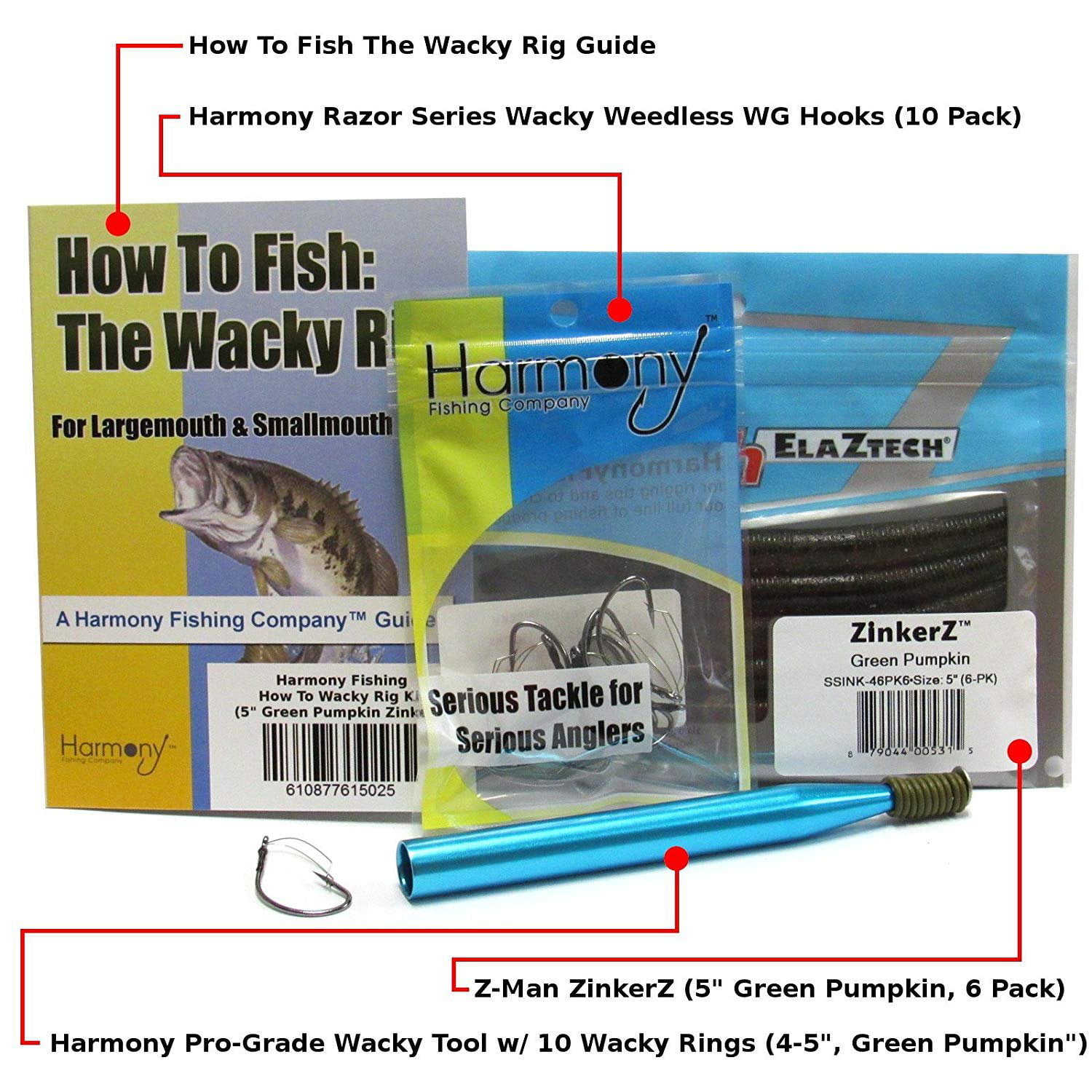 Wacky Rig Kit - Z-Man ZinkerZ 6pk + Wacky Weedless Hooks 10pk + Wacky Tool  w/10 Wacky Rings + How To Fish The Wacky Worm Guide Green Pumpkin