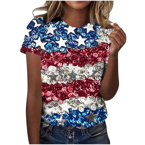 USA Flag Shirts for Womens Independence Day July 4th Graphic Tees Round Neck Short Sleeve Shirts Usa Flag Star Stripe Vintage Causal Tops Going Out Tops Holiday Beach Party Tunics Outfits