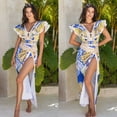 thumbnail image 2 of Flaxmaker Women Ruffle V Neck Pattern Print One Piece Swimsuit and Sarong or Pants Bathing Suits Full Coverage Swimwear, 2 of 8