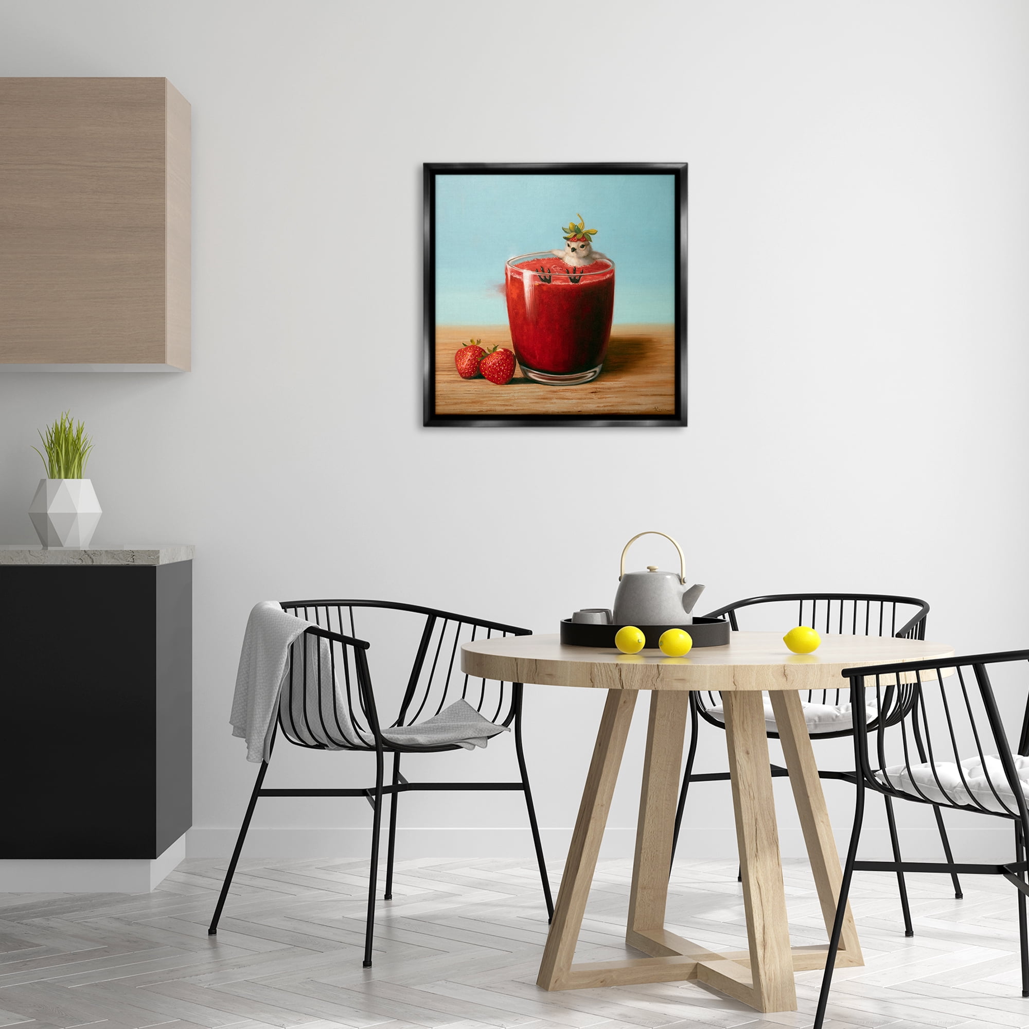 Stupell Industries Bird in Strawberry Drink Food & Beverage Painting Black Floater Framed Canvas Art Print Wall Art, 25 x 25