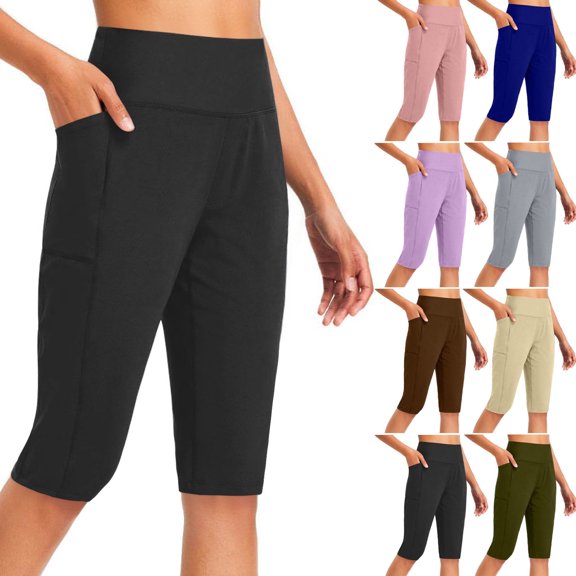 BiZtdJrK Women's Solid Athletic Capris with Pockets High Waisted Knee Length Outdoor Running Leggings Comfy Lightweight Stretch Gym Yoga Tights clearance items Pink S