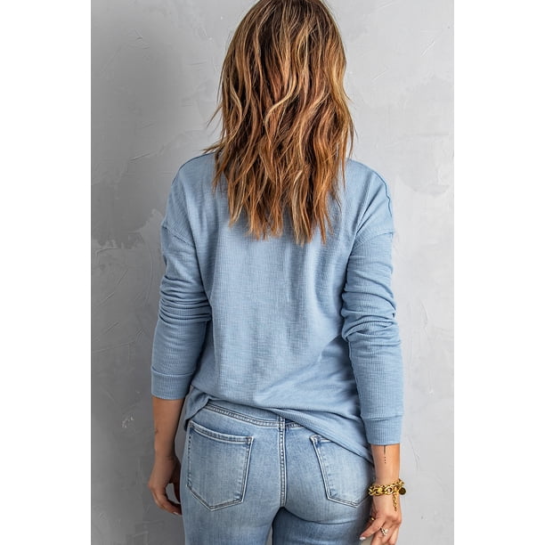 ABPHQTO Top de punto con cuello vuelto y botones azul cielo para mujer