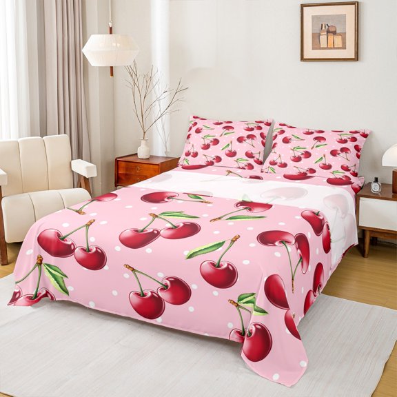 Manfei Red Cherry 3pcs Twin Sheet Sets,Tropical Fruit Twin Fitted Sheet,Botanical Leaves Breathable Flat Sheet,Breathable Teenager Bedroom Decor