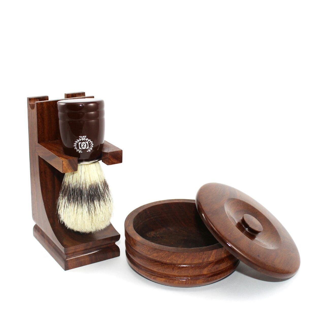 Vintage Men's Wooden Boar Bristle Shaving Brush, Stand and Bowl