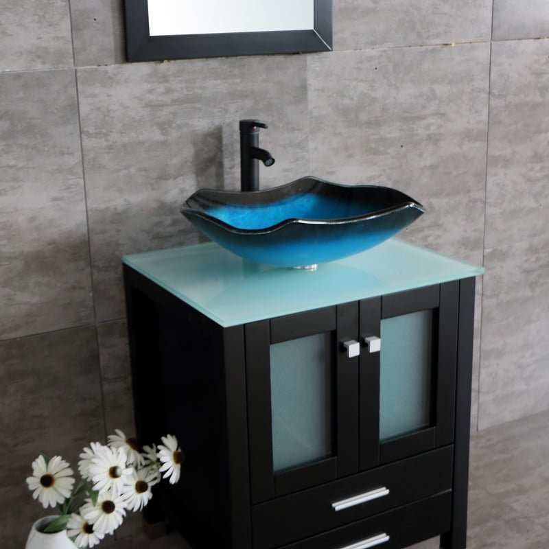 Walsport 36" Luxurious Bathroom Vanity with Sink Combo Cabinet Blue Tempered Glass Vessel Sink Bowl Faucet Drain Combo,Black