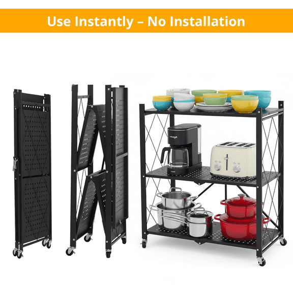 RUDLDA 3-Tier Folding Storage Shelf, Mobile Metal Shelving Unit with Wheels, No Assembly Heavy Duty Foldable Rack for Kitchen, Pantry, Bathroom & Books Organization