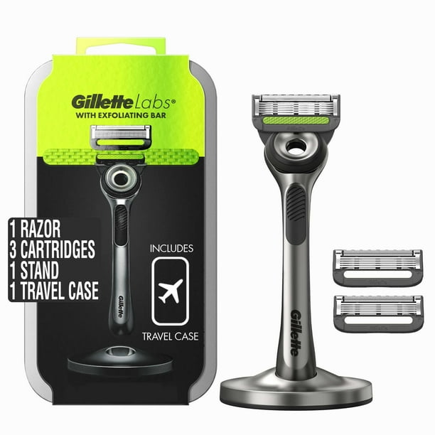 Gillette Labs con maquinilla de afeitar exfoliante y estuche de viaje para almacenamiento sobre la marcha, funda de viaje, 1 asa, 3 recambios de cuchillas de afeitar y un soporte magnético Gillette NA