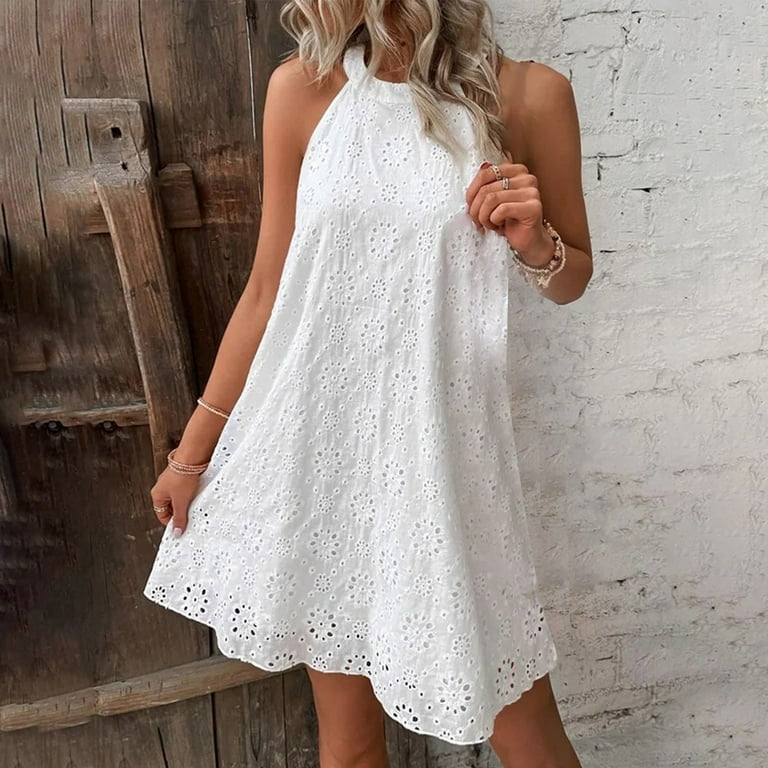 Summer Dress for Women Solid Color Sleeveless Button Halter Dress with Lace Trim,White,Medium