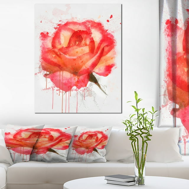 Red Rose Hand drawn with Splashes - Floral Canvas Art Print