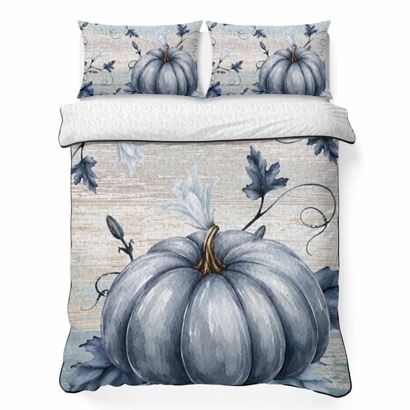 Quilts Full Size Bedding Set, Navy Blue Pumpkins Fall Lightweight Quilted Comforter, Thanksgiving Botanical Wooden Vintage Reversible Bedspread Coverlet with Pillow Covers for All Season, 78" x 90"