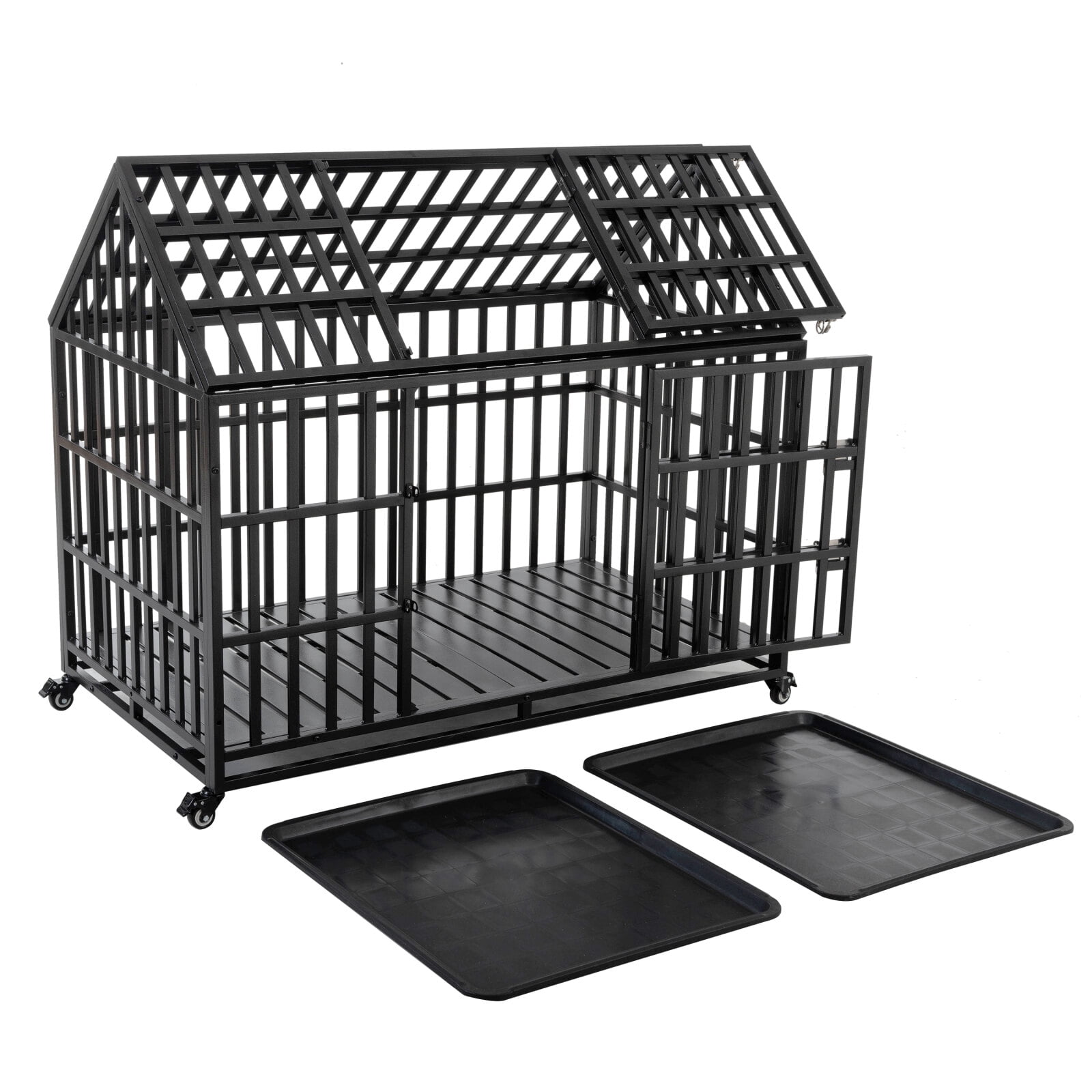 52" Heavy Duty Dog Crate Large Dog Cage with Removable Trays and Dual-Door Design, Metal Dog Kennels and Crates for Large Dogs with 4 Lockable Wheels, Black