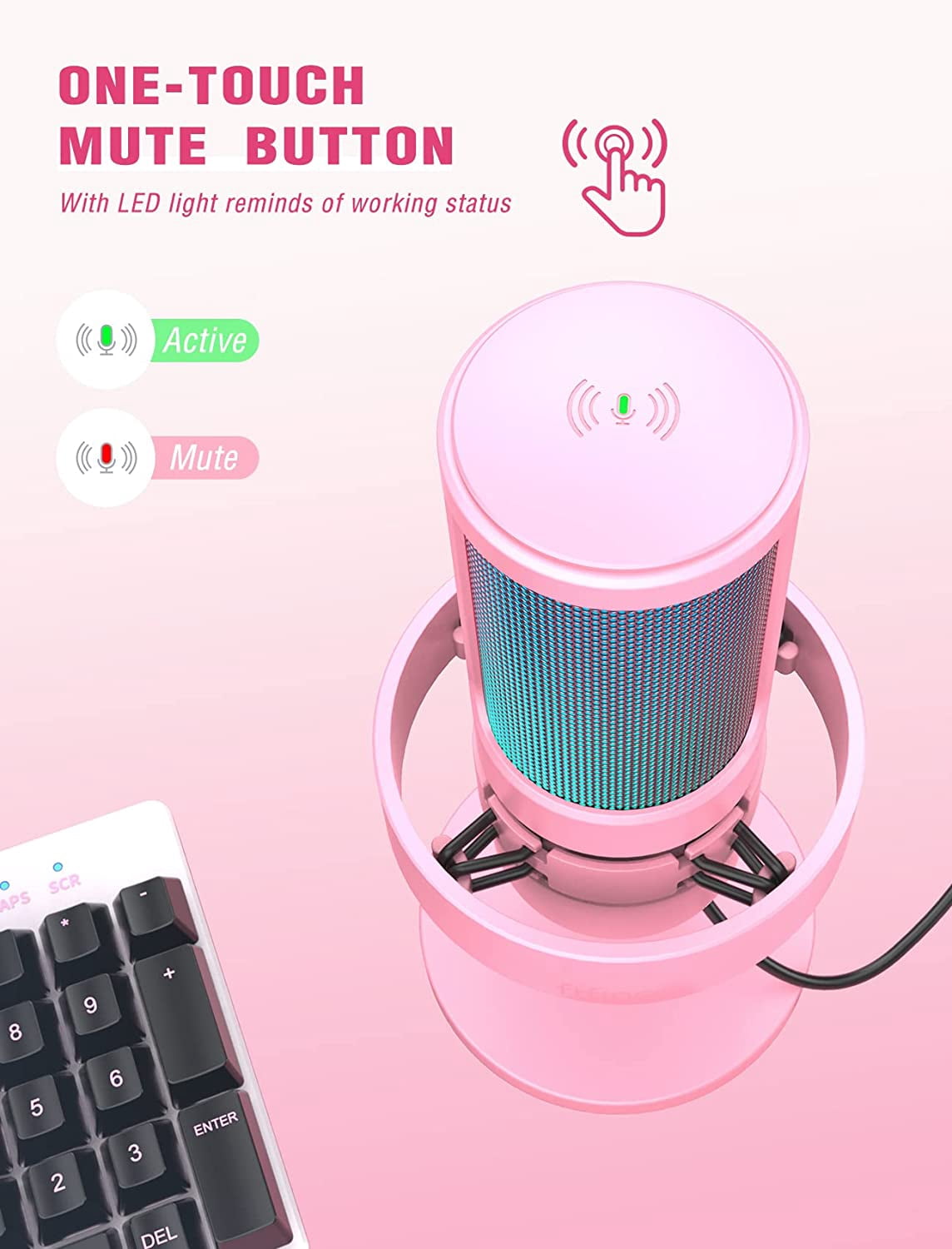 Pink USB Condenser Microphone with  Arm Stand, RGB Gaming Mic for PC Streaming Recording