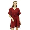 thumbnail image 6 of Bimba Women's V-Neck Tassel Kaftan Short Drawstring Waist Caftan Beachwear Coverup Dress, 6 of 9