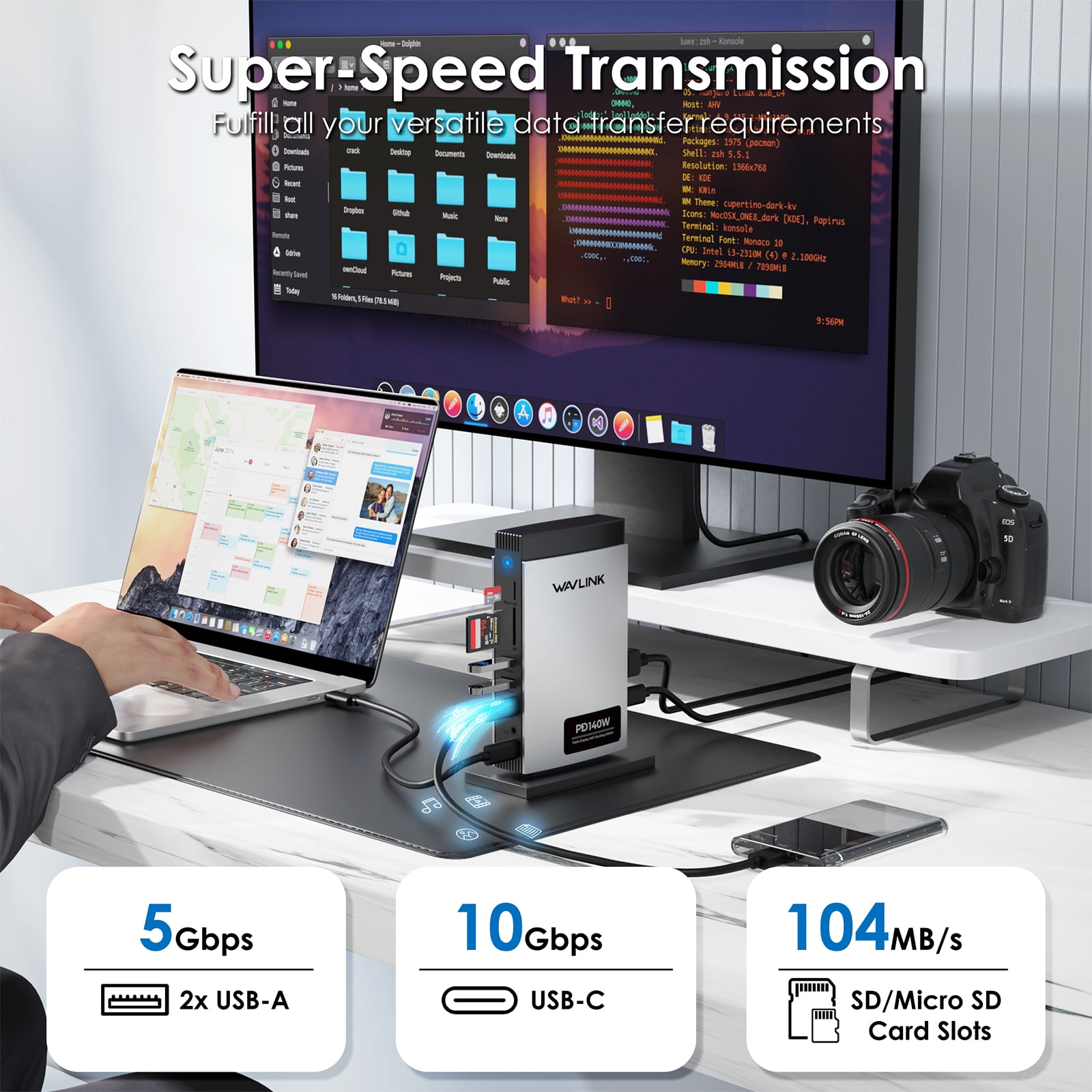 Dock Station 140W charge USB Dock with 8K HDMI/DisplayPort, RJ45, 10Gbps USB, SD/TF for M1/M2/M3&Win