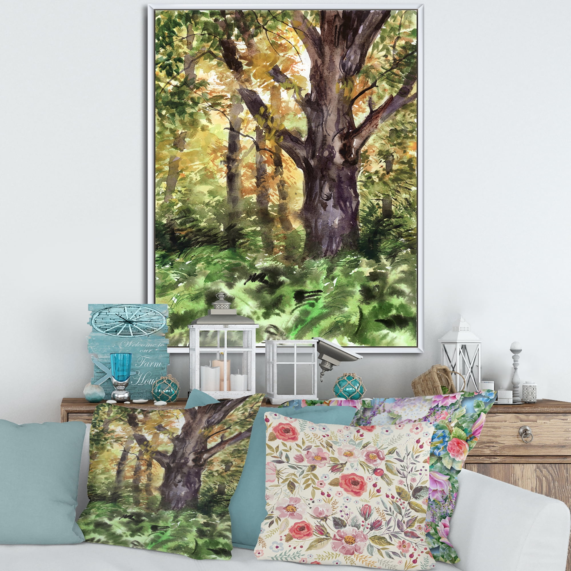 Designart 'Autumn Forest With A Large Tree' Lake House Framed Canvas Wall Art Print