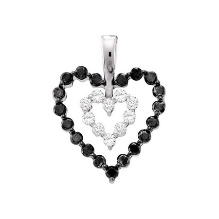 14kt White Gold Womens Round Black Color Enhanced Diamond Double Nested Heart Pendant 5/8 Cttw