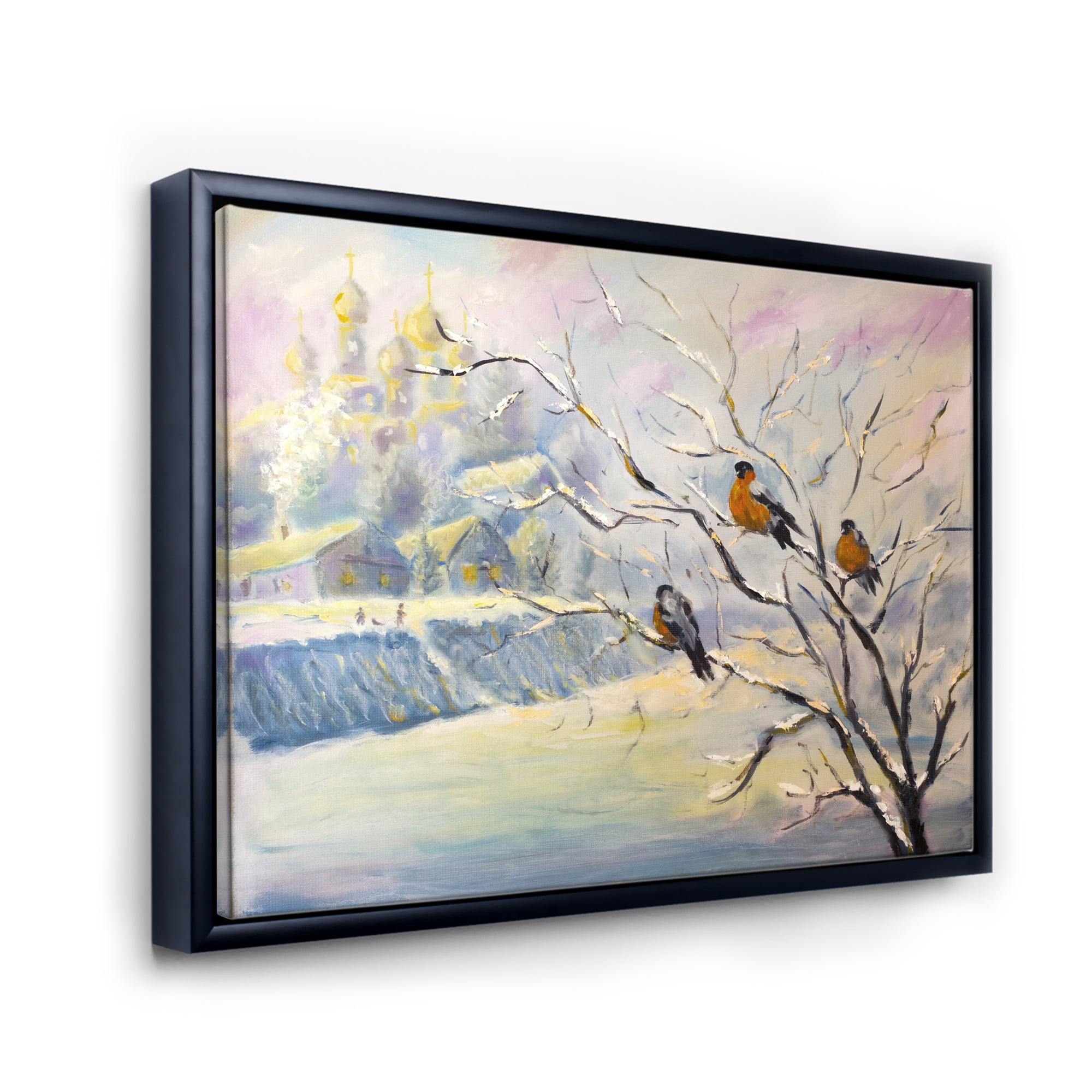 Designart 'Rustic Birds Sitting On A Tree In Winter Village' Farmhouse Framed Canvas Wall Art Print