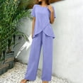 thumbnail image 2 of Two Piece Sets for Women Trendy Casual Short Sleeve Round Neck Solid Top and Elastic Waist Long Pants Sets, 2 of 9