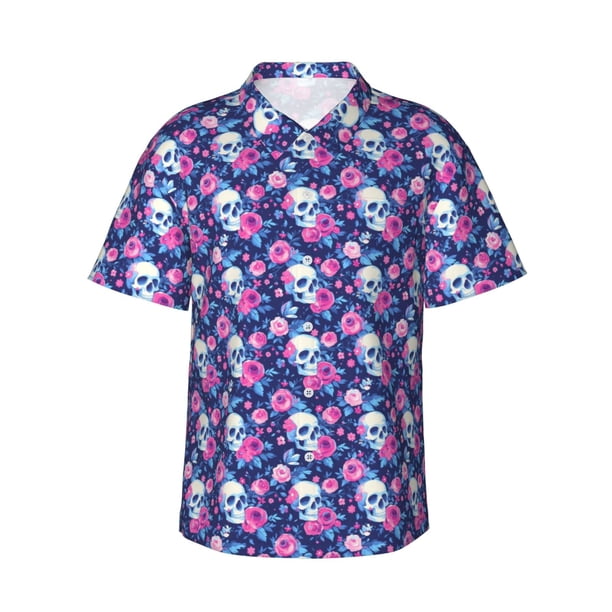 Fotbe Skull Flower Camisa Hawaiana para Hombre Unisex – Camisa Casual de Verano con Botones de Manga Corta de Algodón y Lino,Small